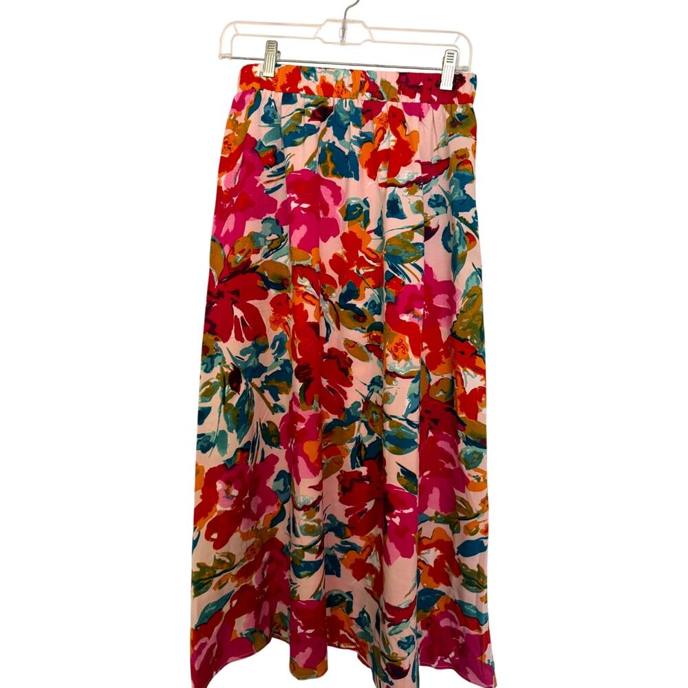 Womens Midi Skirt Colorful Floral A-Line Flare Aloha Hawaiian Size S